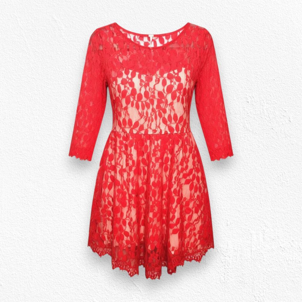 Free People Hot Red Floral Lace Fit & Flare 3/4 Sleeves Mini Dress Size 0 NWT